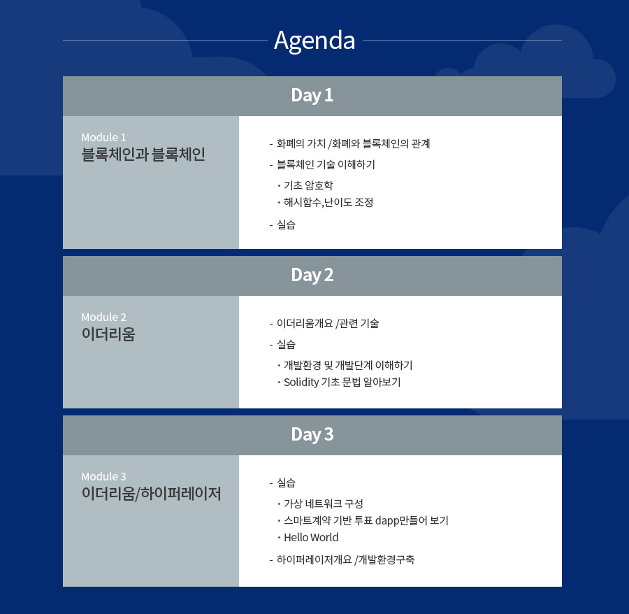 day1 : 블록체인과 블록체인 | day2 : 이더리움 | day3 : 이더리움/하이퍼레이저